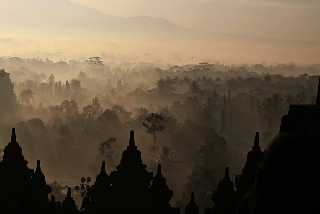 Silhouette of people standing on mountain during sunset
