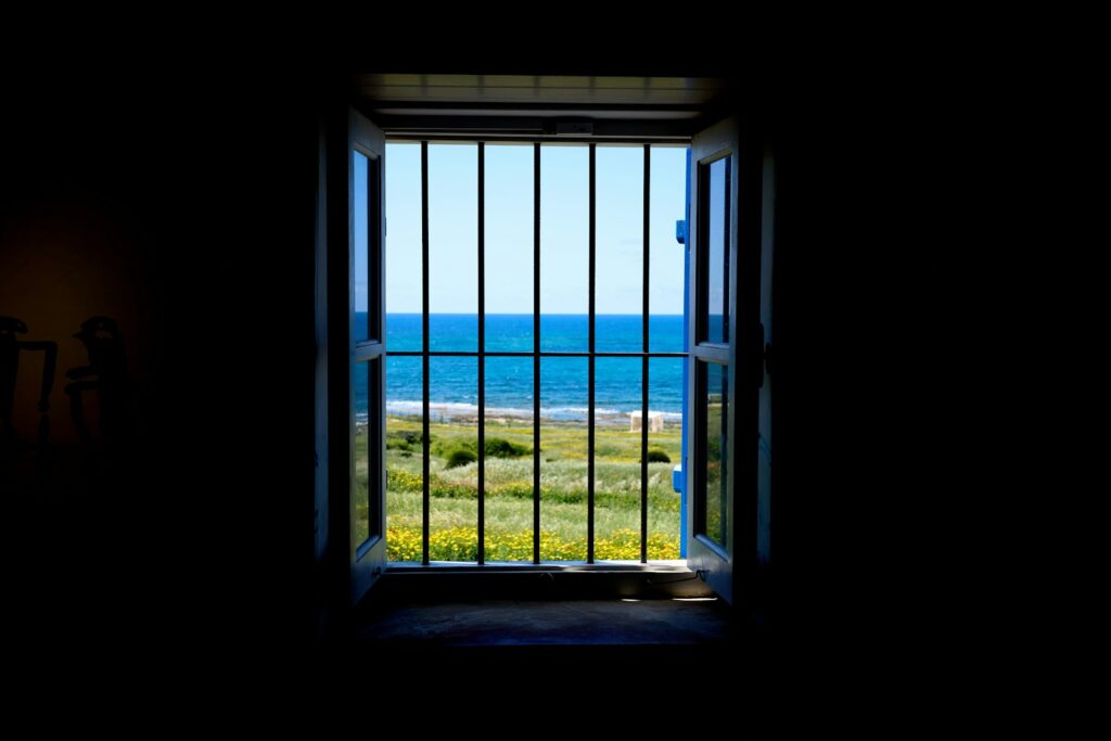 Ocean view through a barred window with green field