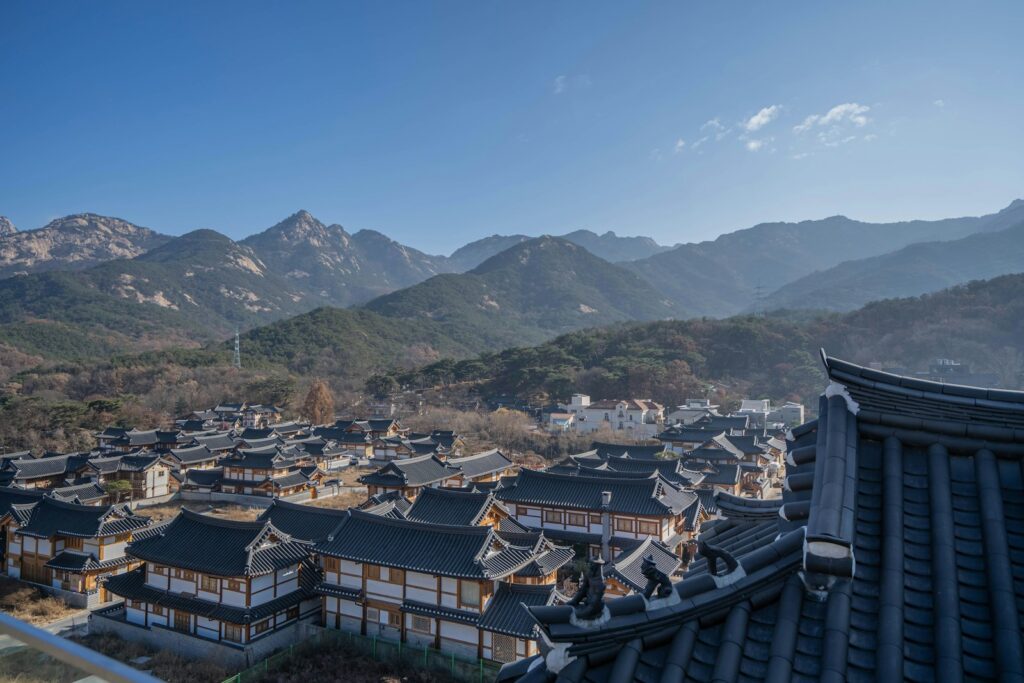 Aerial photography of a city and mountain top