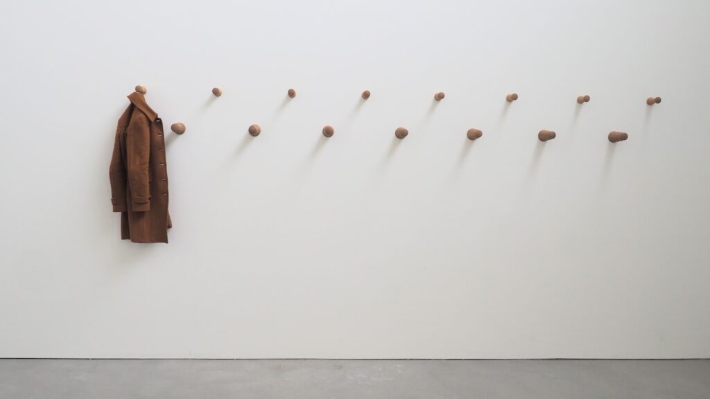A coat hanging on a wall next to a coat rack