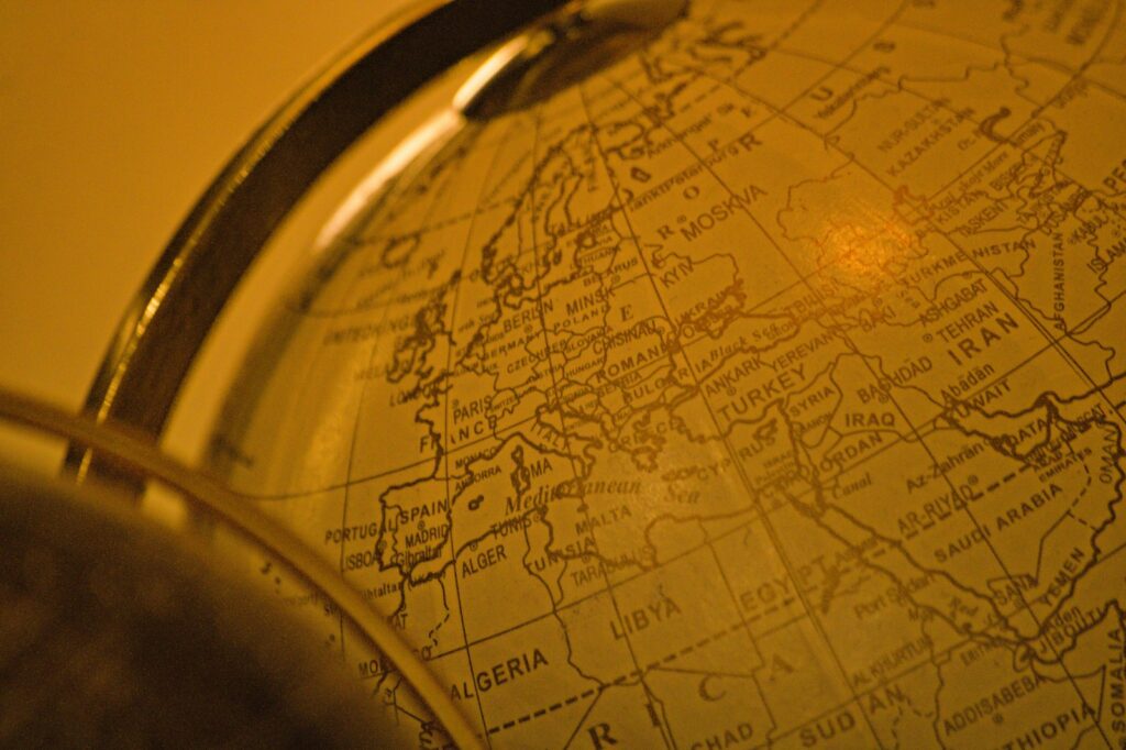 Close-up of a vintage globe showing europe and north africa
