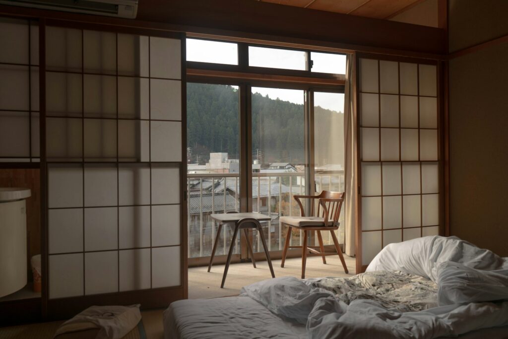 Brown wooden framed glass door