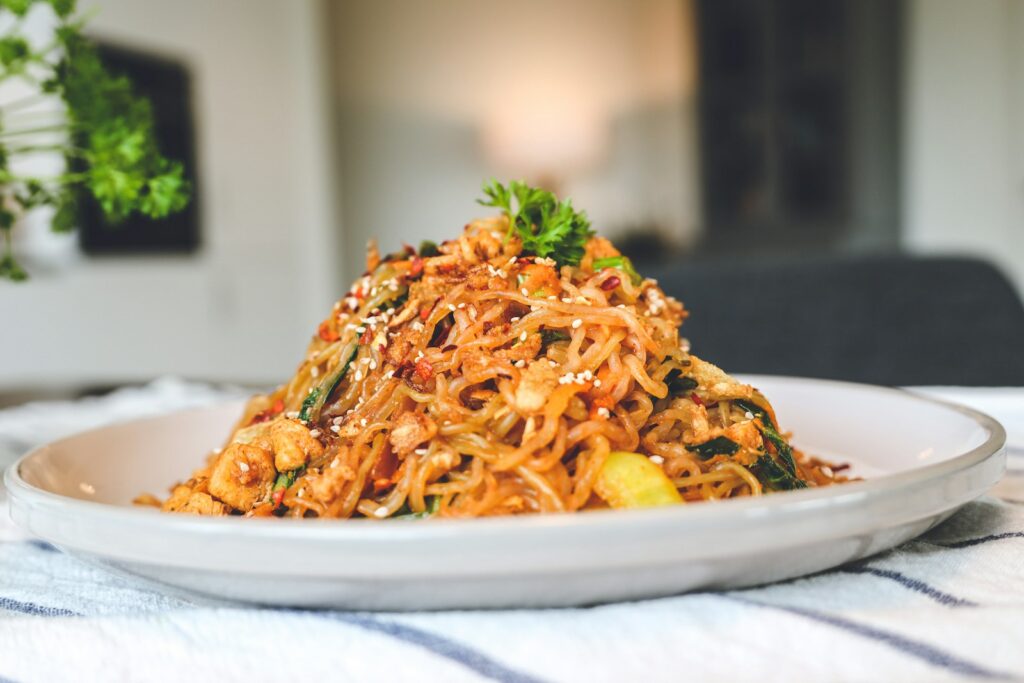 Pasta dish on white ceramic plate