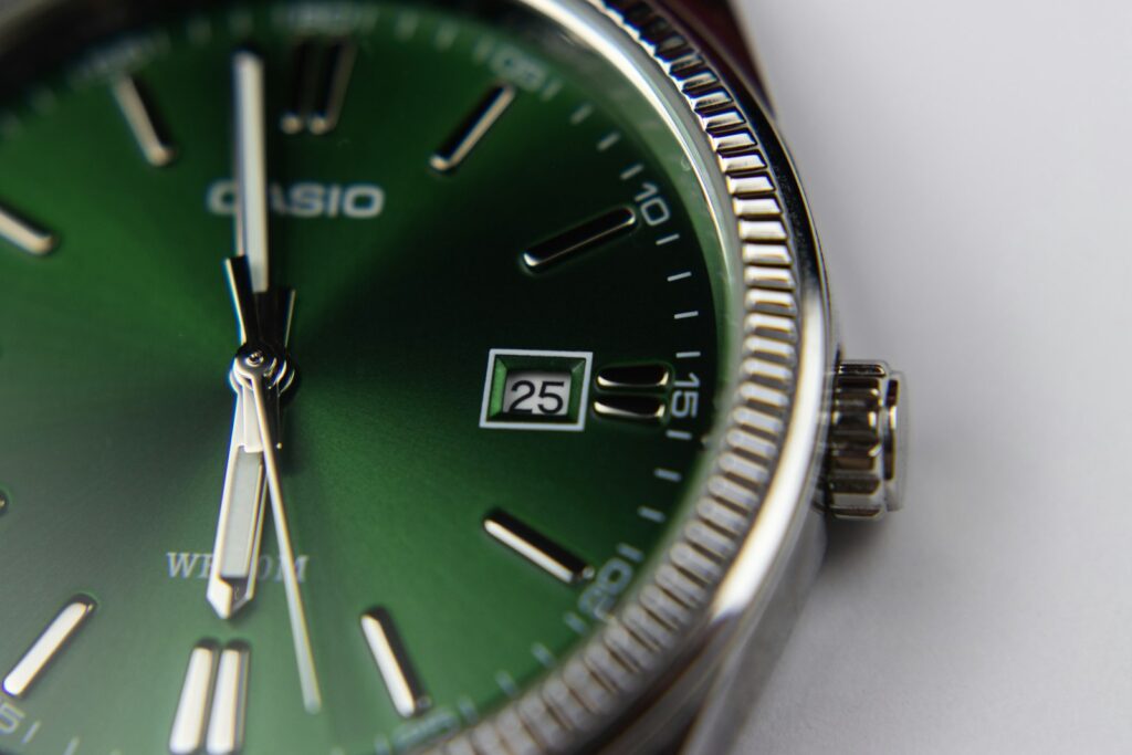 Close-up of a green casio watch face