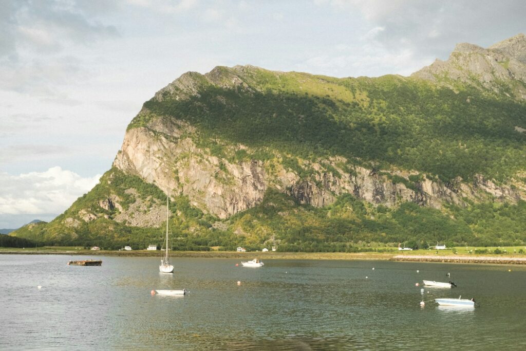 Sailboats float on calm water near a green mountain