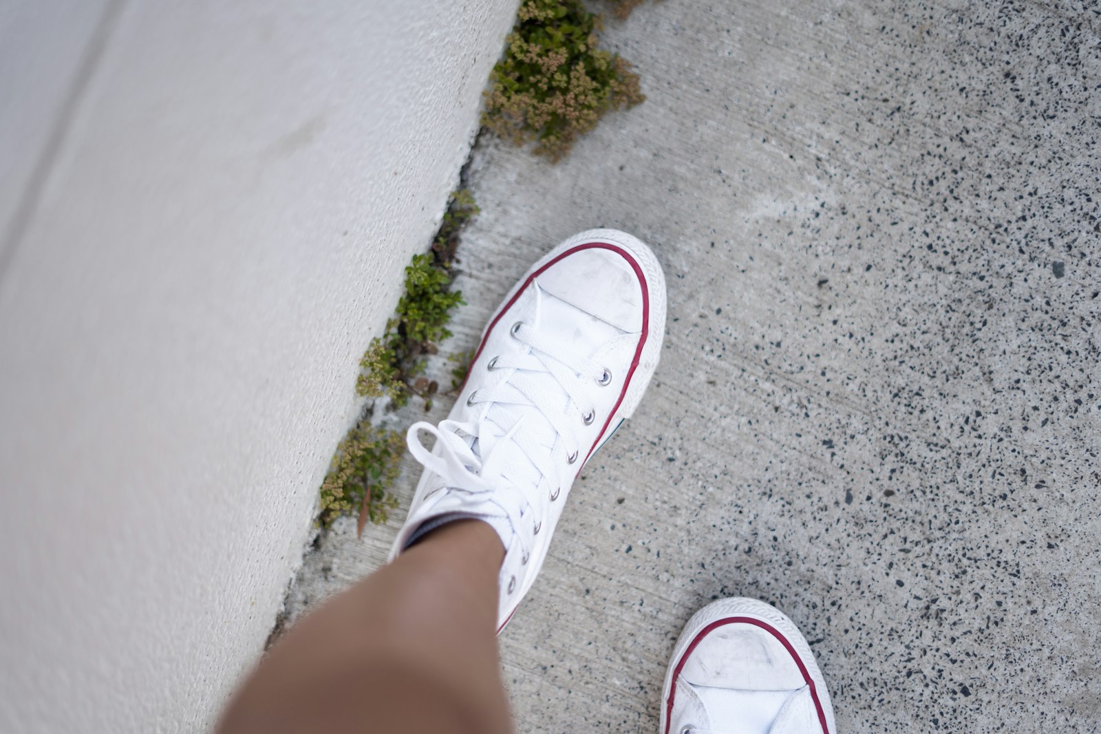 Person wearing pair of white low-top lace-up shoes