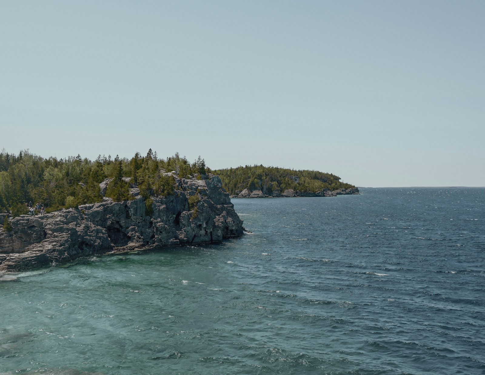 Clear blue water next to a rocky, tree-lined coastline