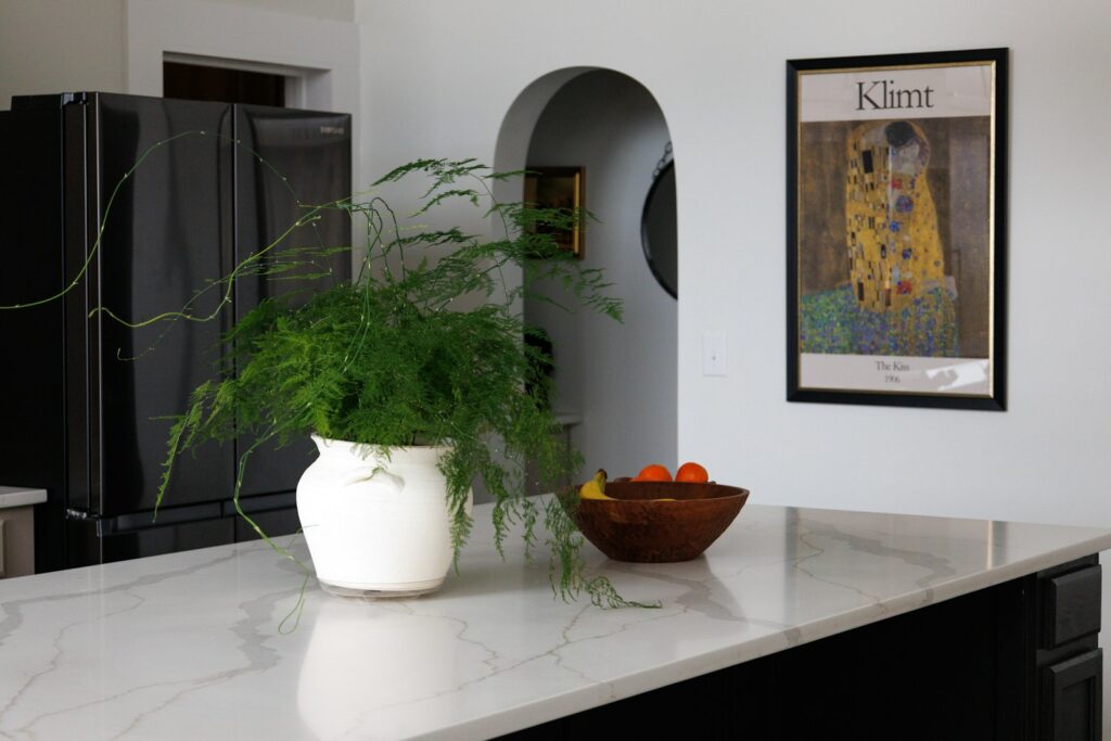 A kitchen island with a plant and fruit bowl