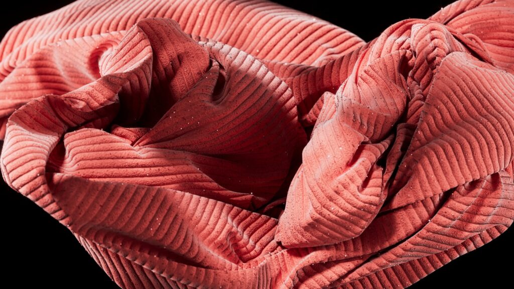Pink corduroy fabric is gently ruffled and folded