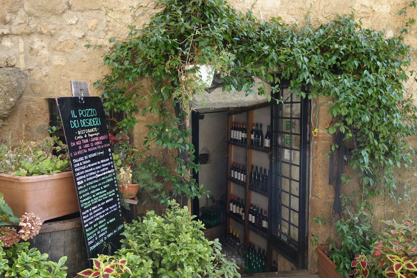 Entrance to a wine cellar with shelves of bottles