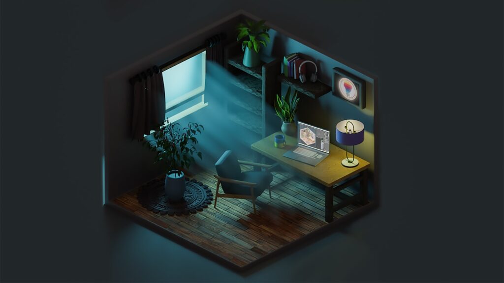 A room with a desk and chairs