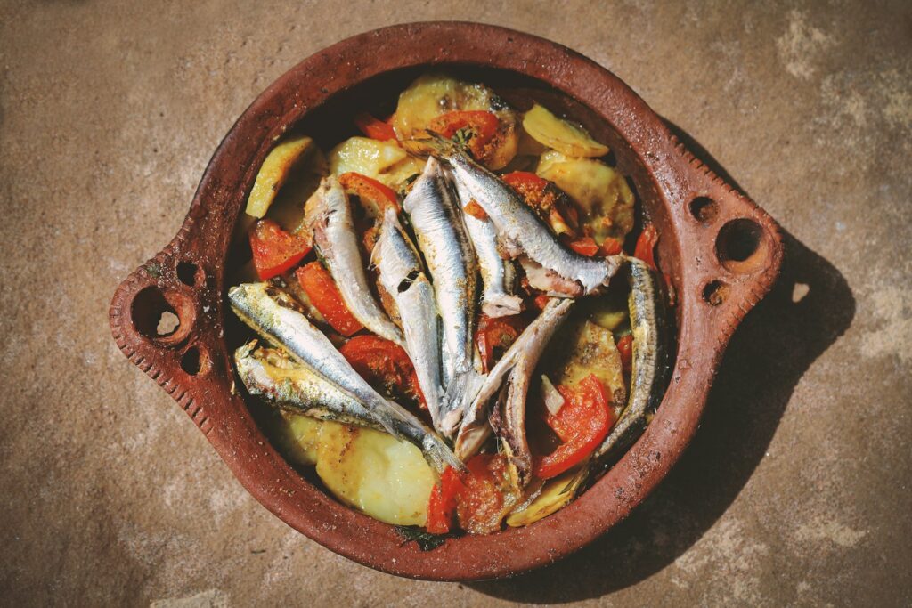 Fish on brown round plate