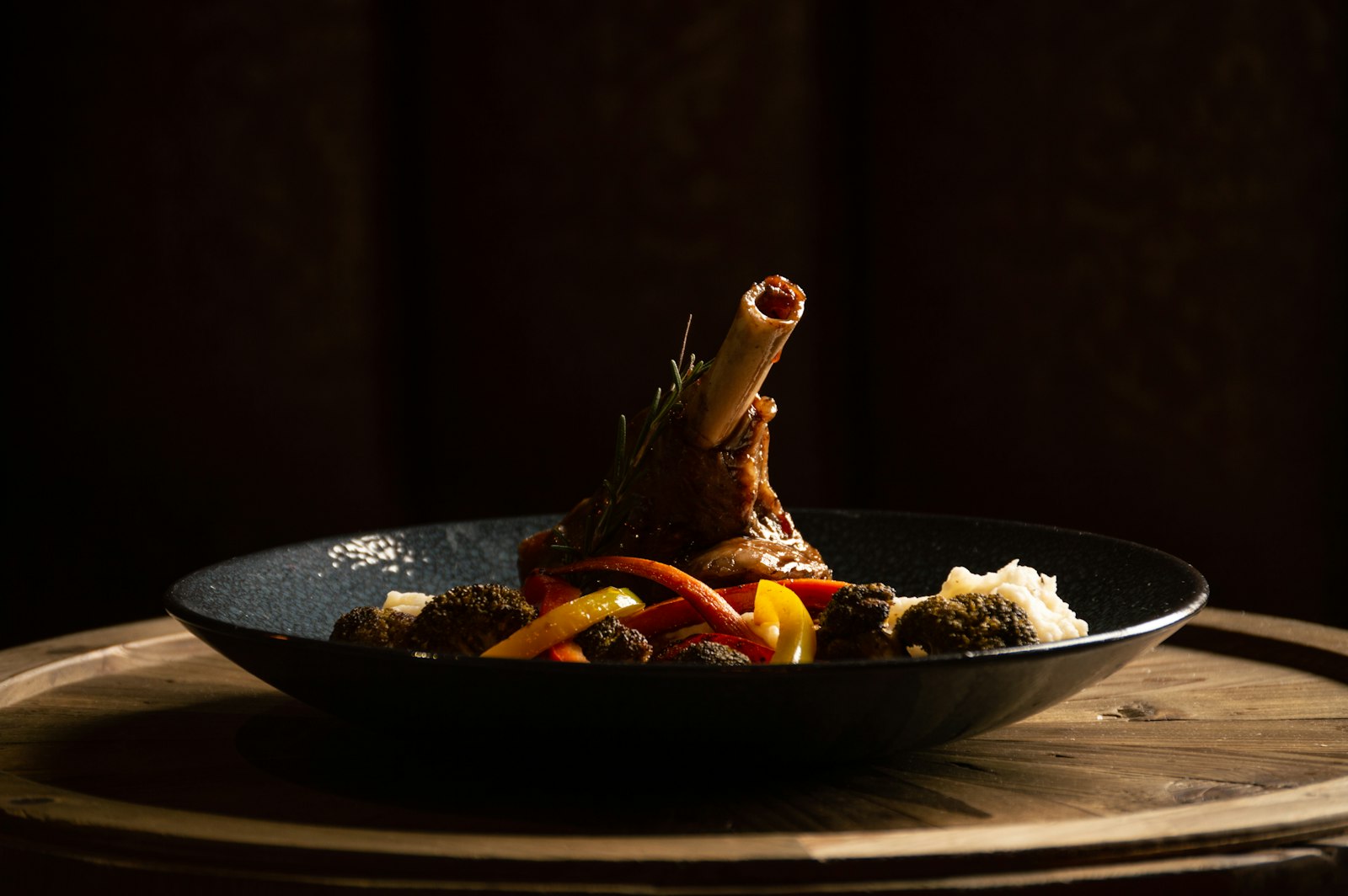 A plate of food on a wooden table