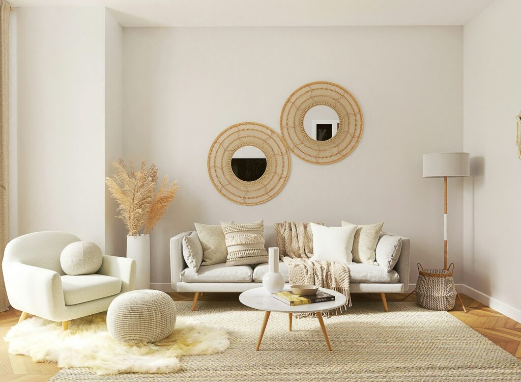 A living room filled with furniture and a mirror