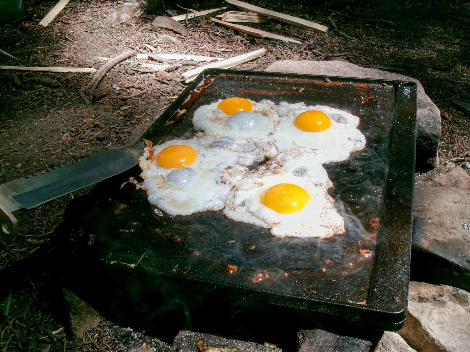 Four fried eggs cooking on a griddle outdoors