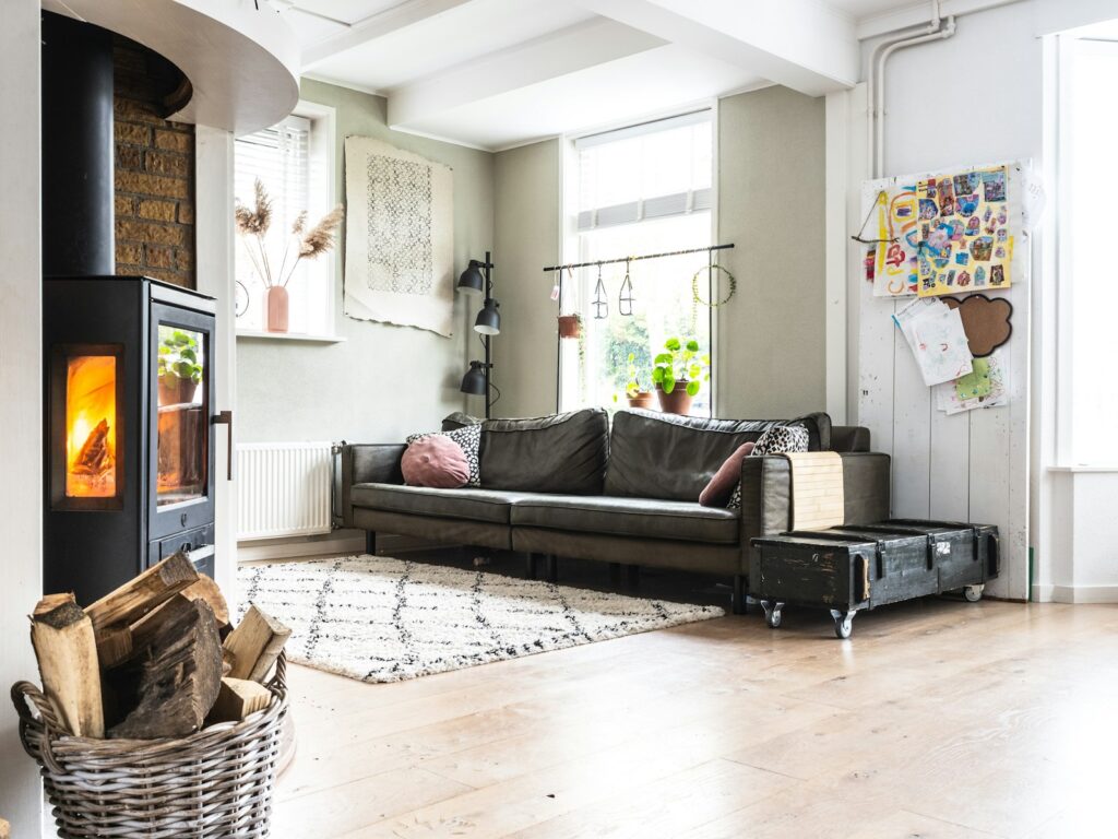 Black and white sofa near brown woven basket