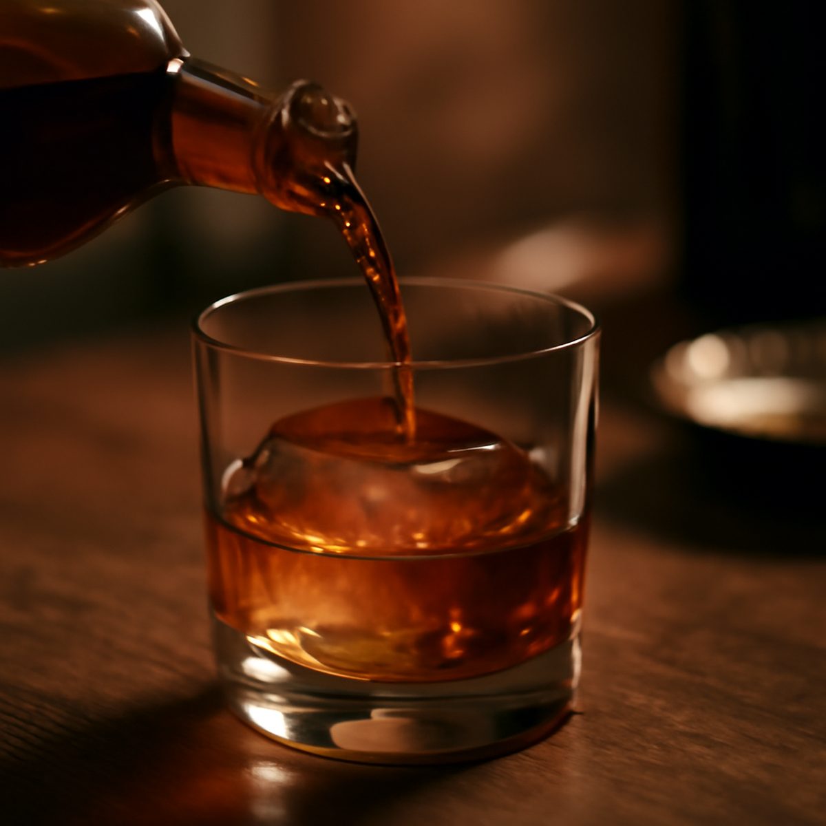 Amber-hued amaro poured into a rocks glass with a large ice cube