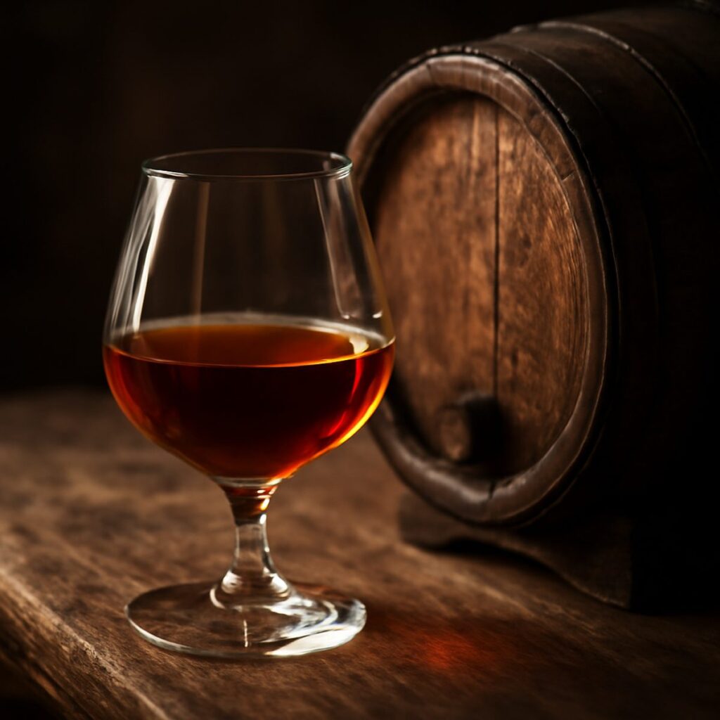 amber armagnac in a tulip glass beside an old wooden brandy cask