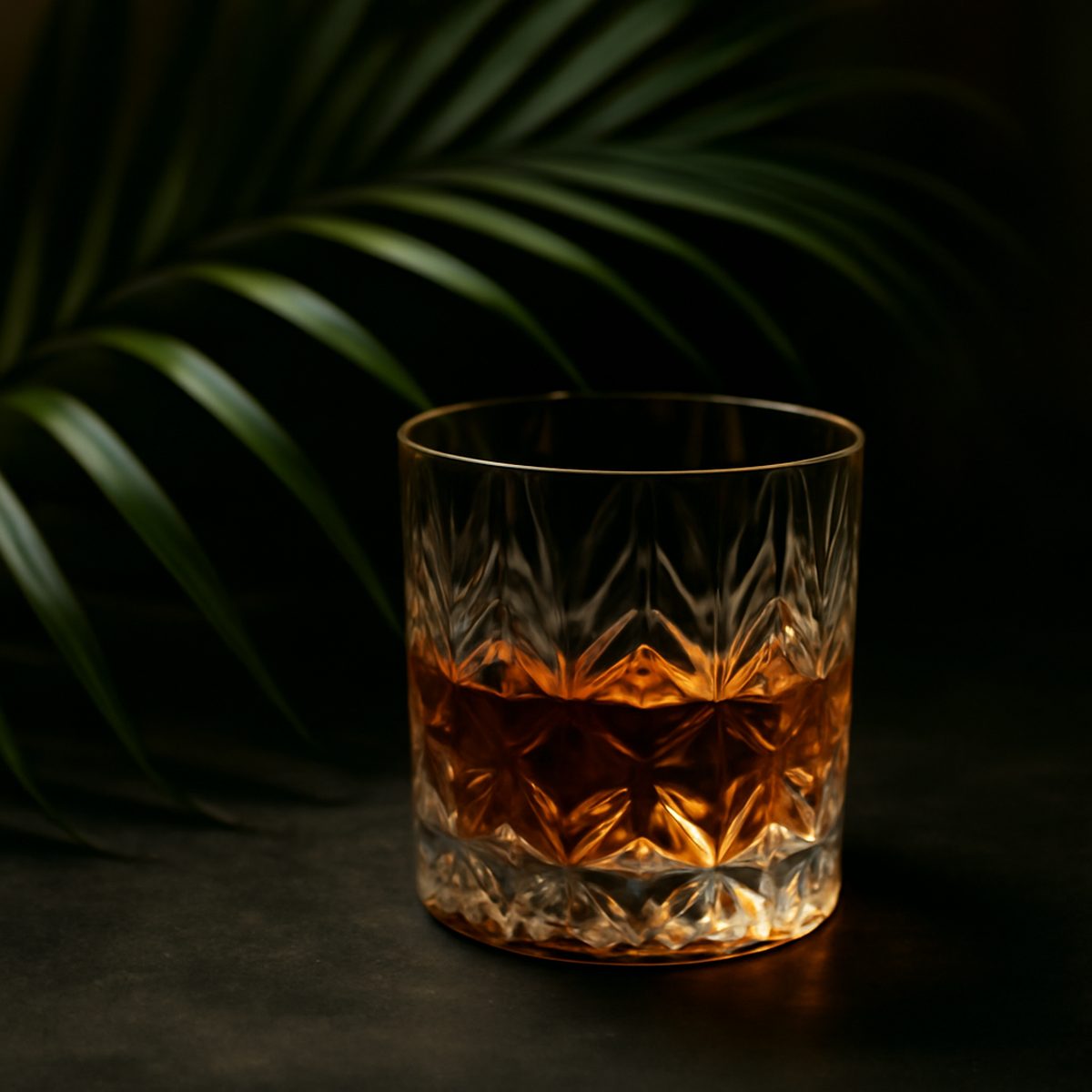 Amber spirit in cut-glass tumbler beside coconut palm leaves on table