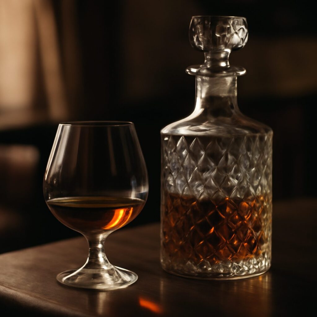 a snifter of amber cognac beside an ornate decanter