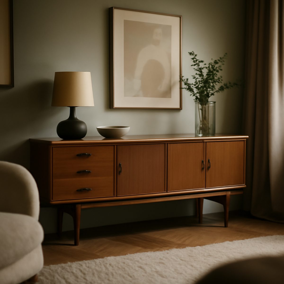 A mid-century teak sideboard styled with ceramics in a warm, light-filled room
