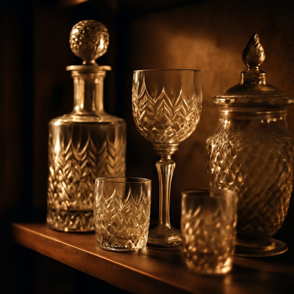 Vintage cut and coloured glassware catching afternoon light on a wooden shelf