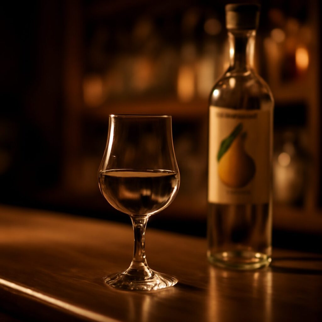 A small glass of clear pear eau de vie on a dark bar in warm light