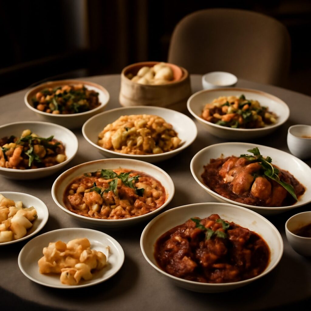 Assortment of regional Chinese dishes arranged on round table