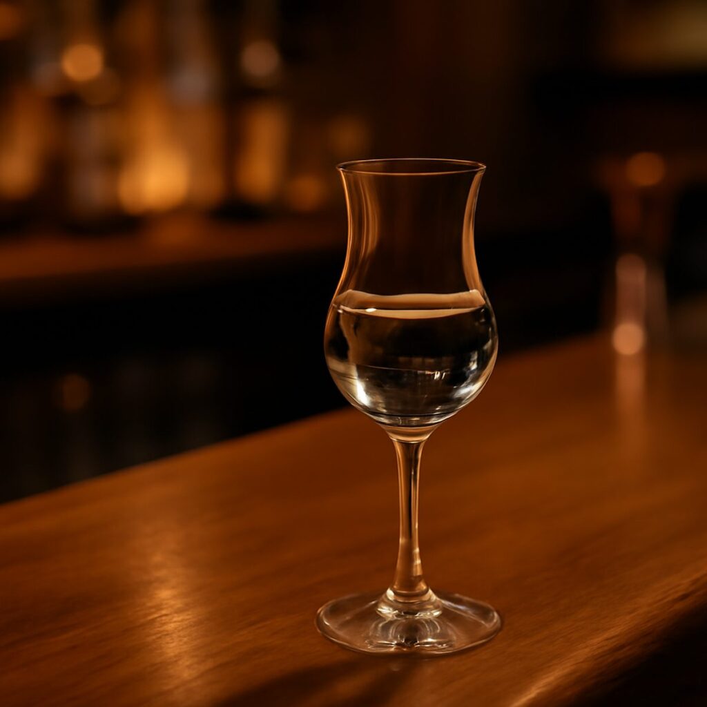 Small glass of clear slivovitz plum brandy on a worn wooden bar in warm light