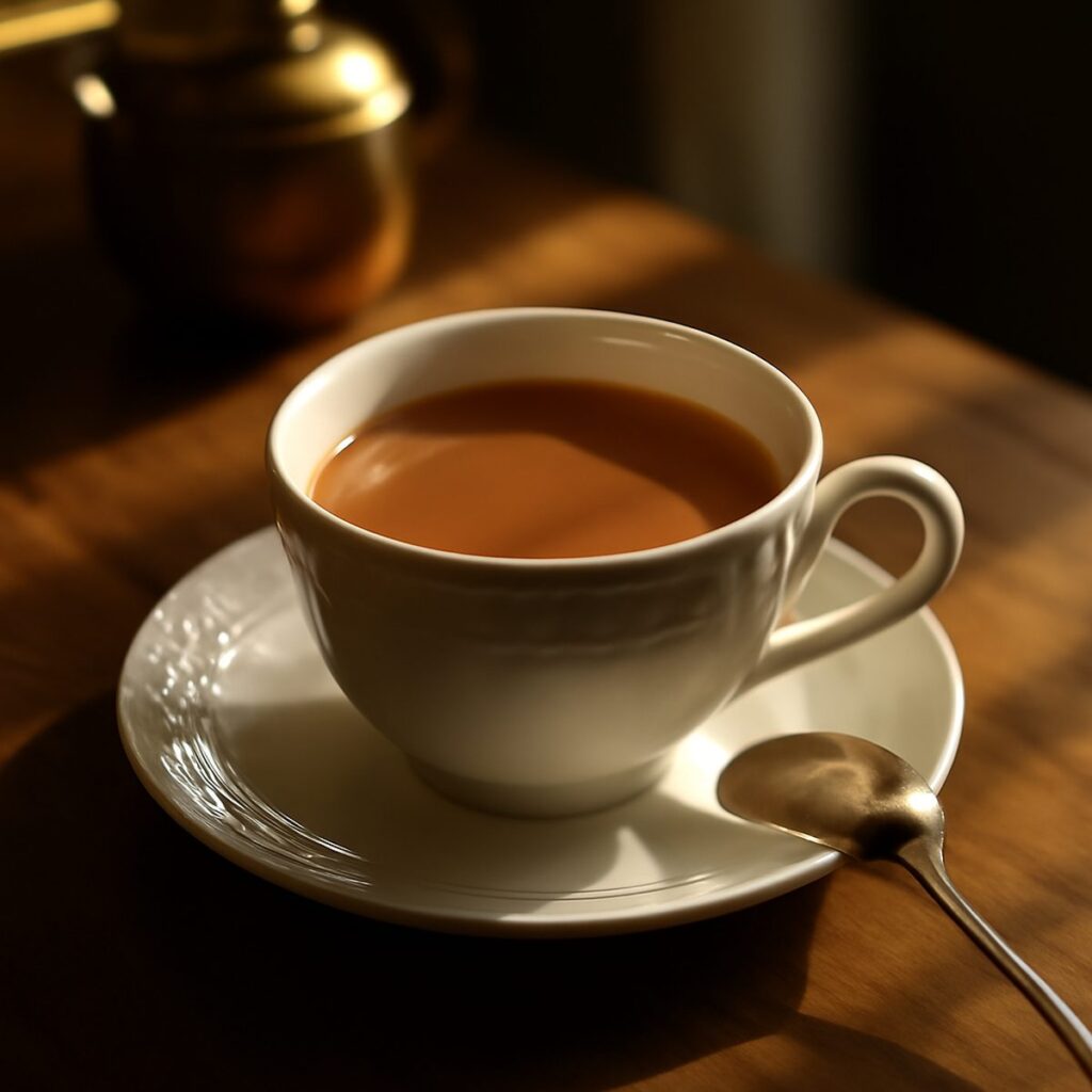 Strong Assam tea in a white cup with a swirl of milk in warm natural light