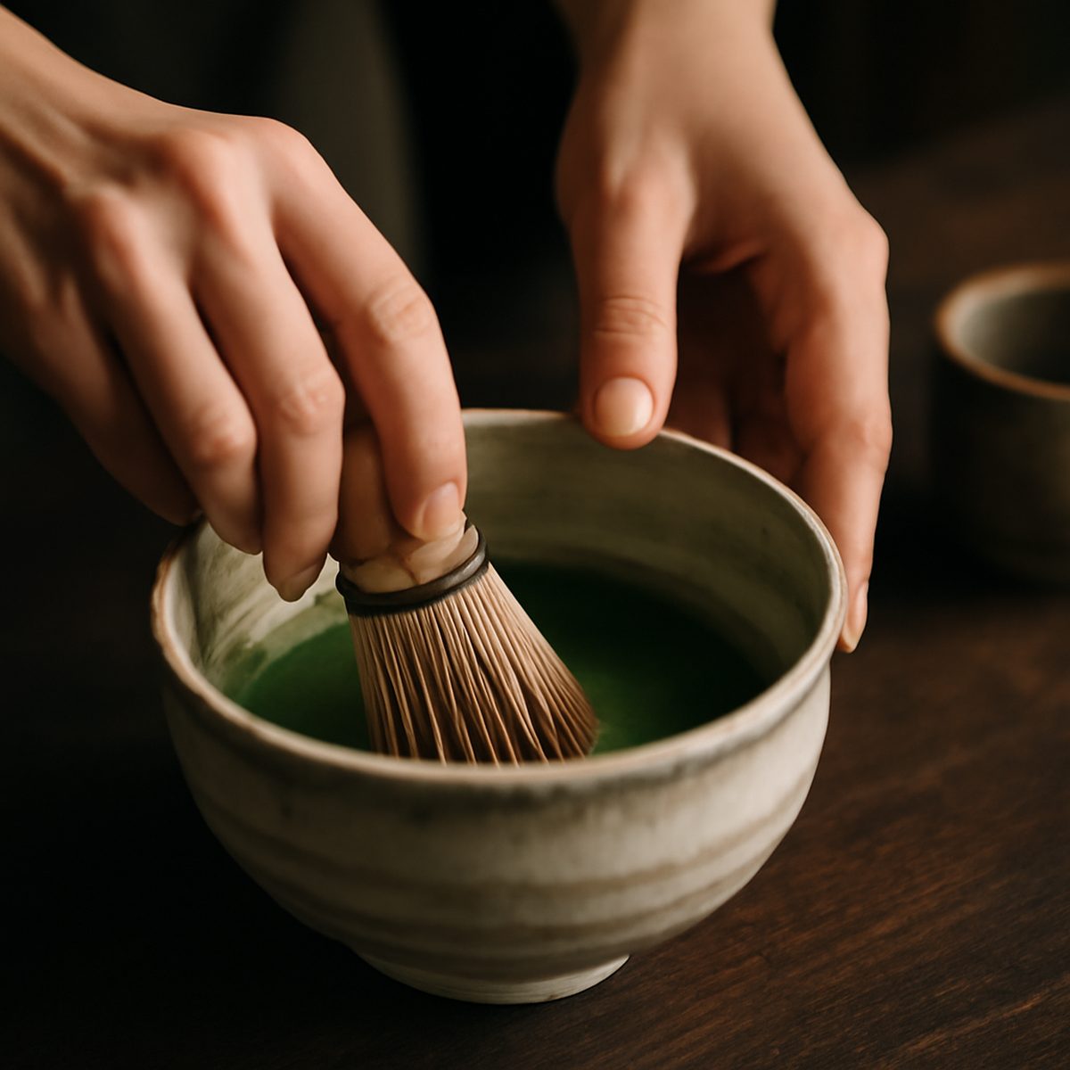 Traditional tea ceremony with whisked matcha in a ceramic bowl