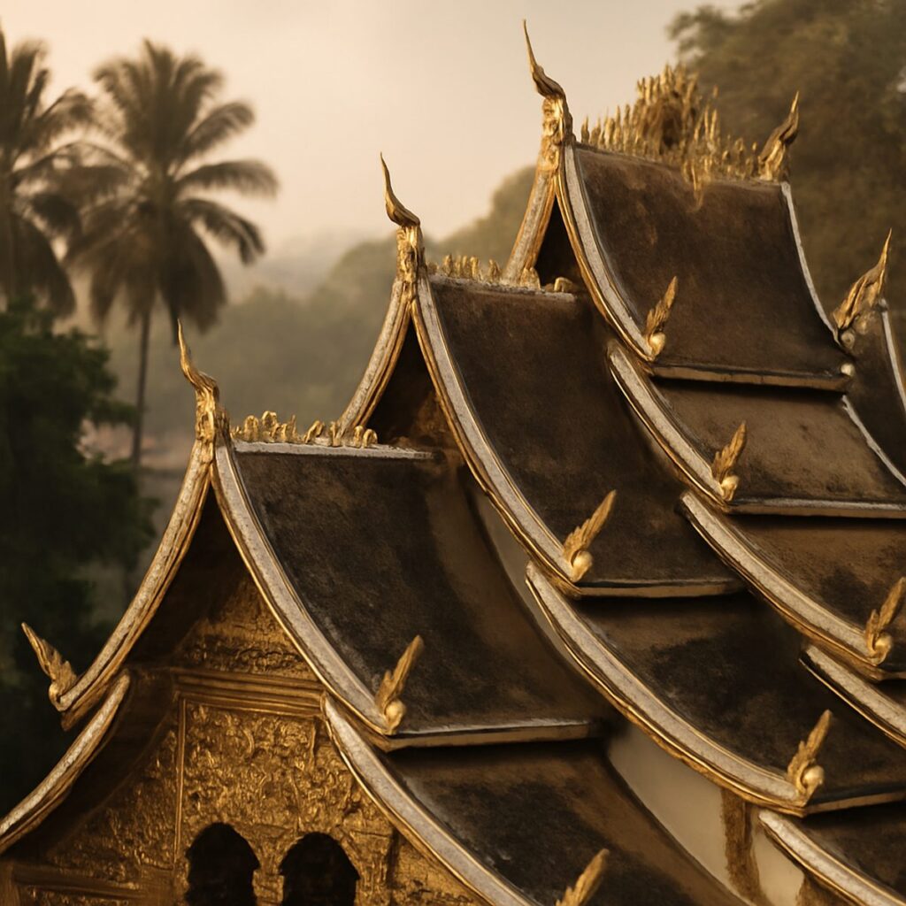 Golden temple roofs and a saffron-robed monk in the streets of Luang Prabang