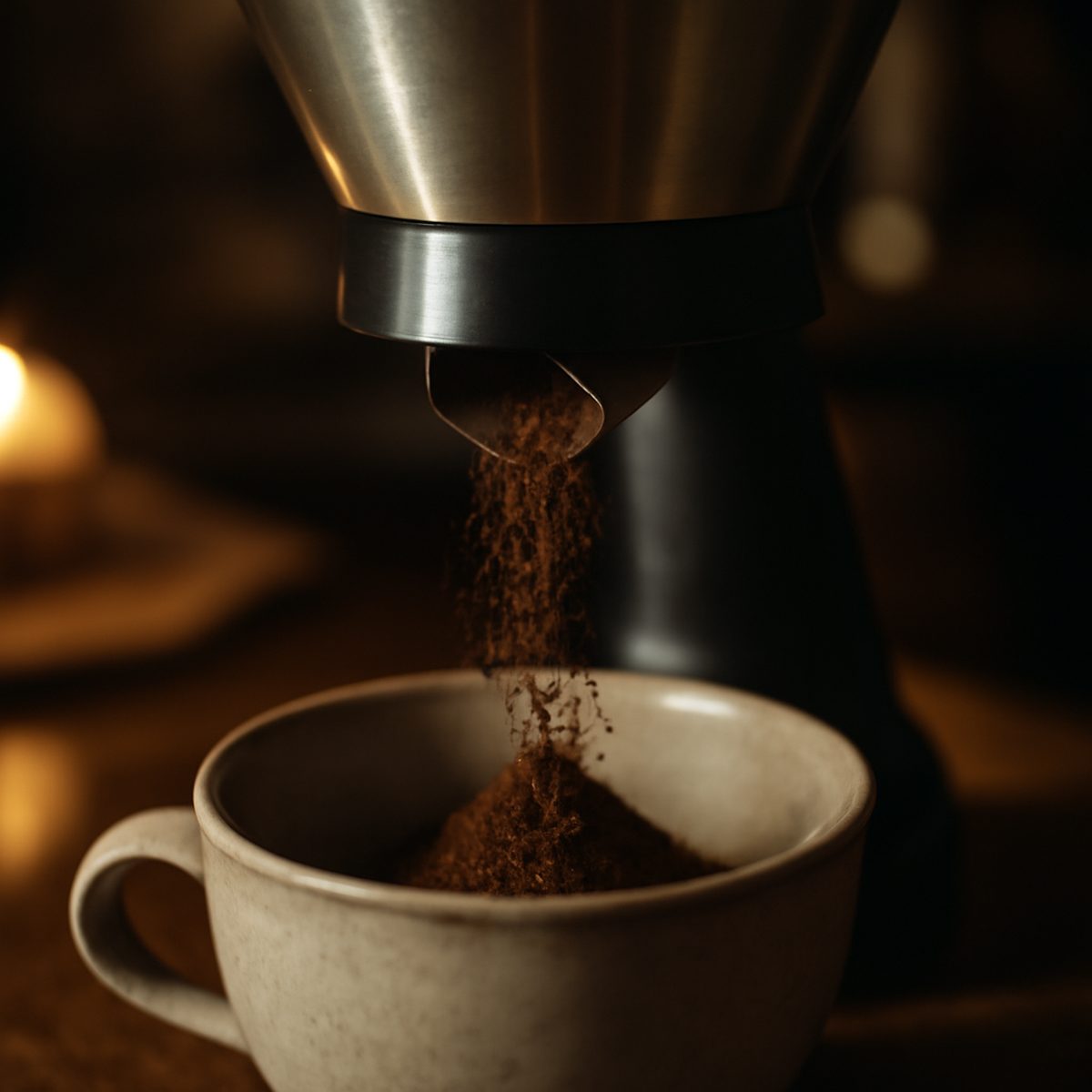 Close-up of coffee grounds falling from a conical burr grinder