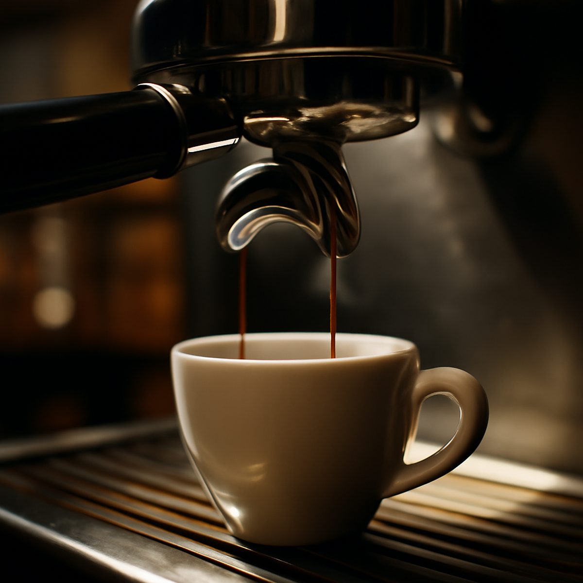 Espresso shot pulling from portafilter into small cup on wooden counter