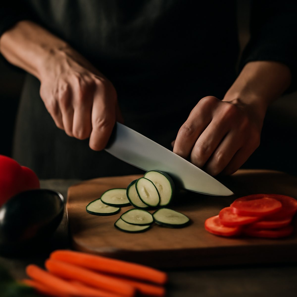 chef's hands slicing vegetables with sharp knife on wooden cutting board