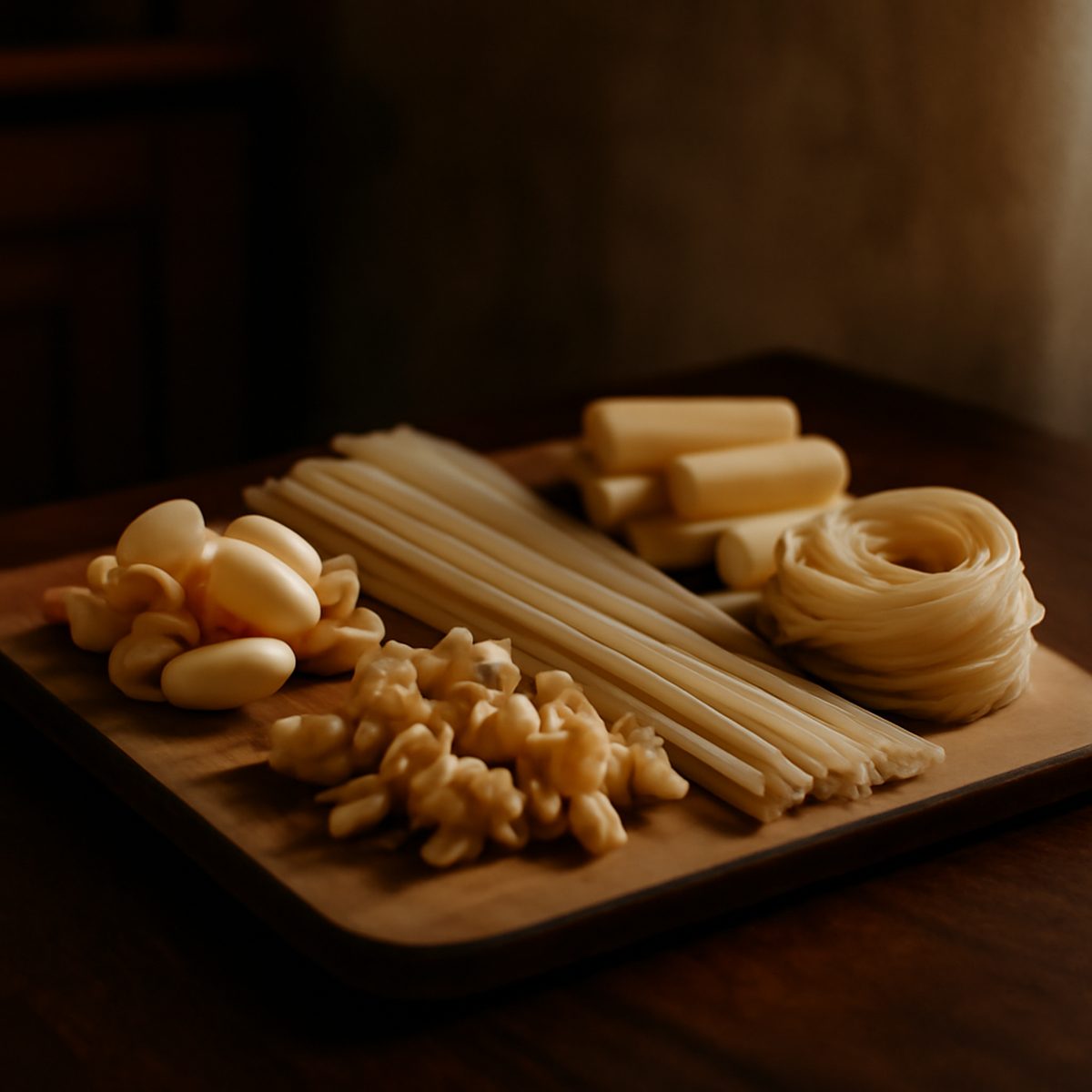 Assorted dried pasta shapes arranged beside a bowl of fresh tomato sauce