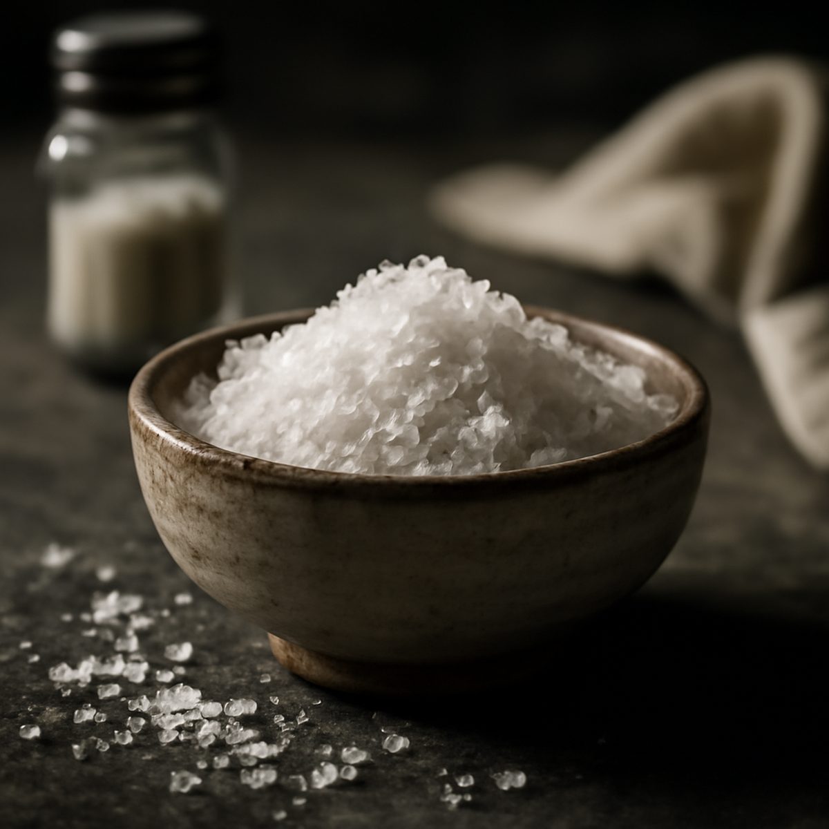 Assorted flaky and coarse salts in small ceramic dishes
