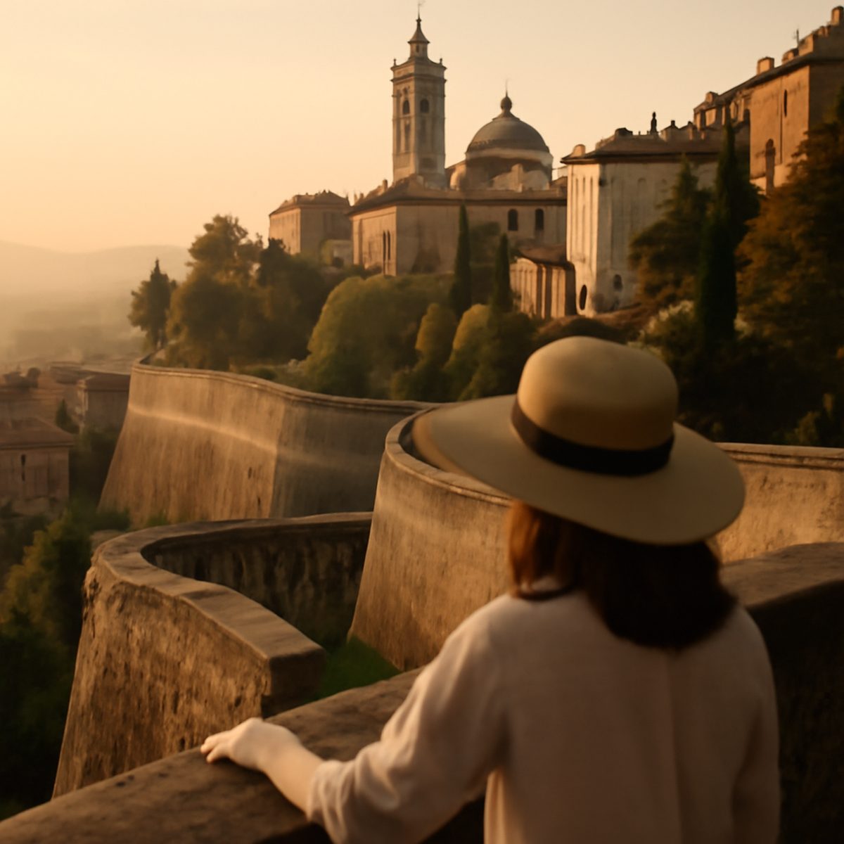 The Venetian walls of Bergamo Citta Alta glowing at golden hour in northern Italy