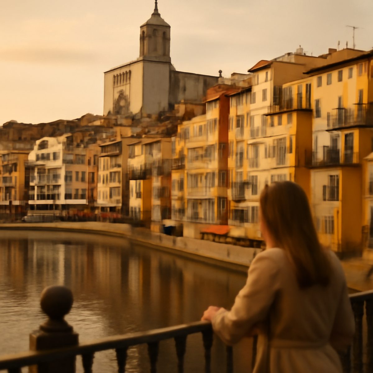 Row of ochre and red riverside houses reflected in the Onyar in Girona at golden hour