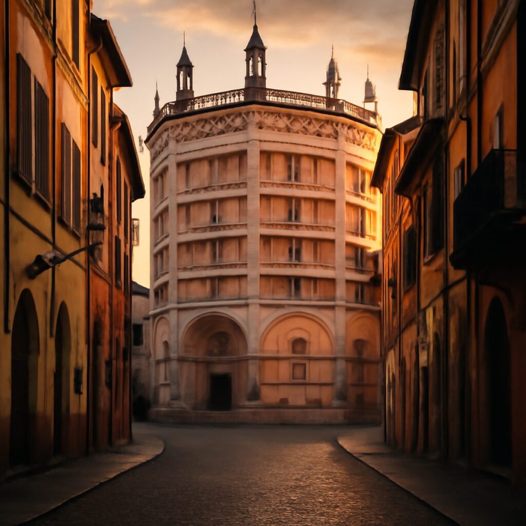 Parma's baptistery and honeyed old streets glowing at golden hour in Emilia