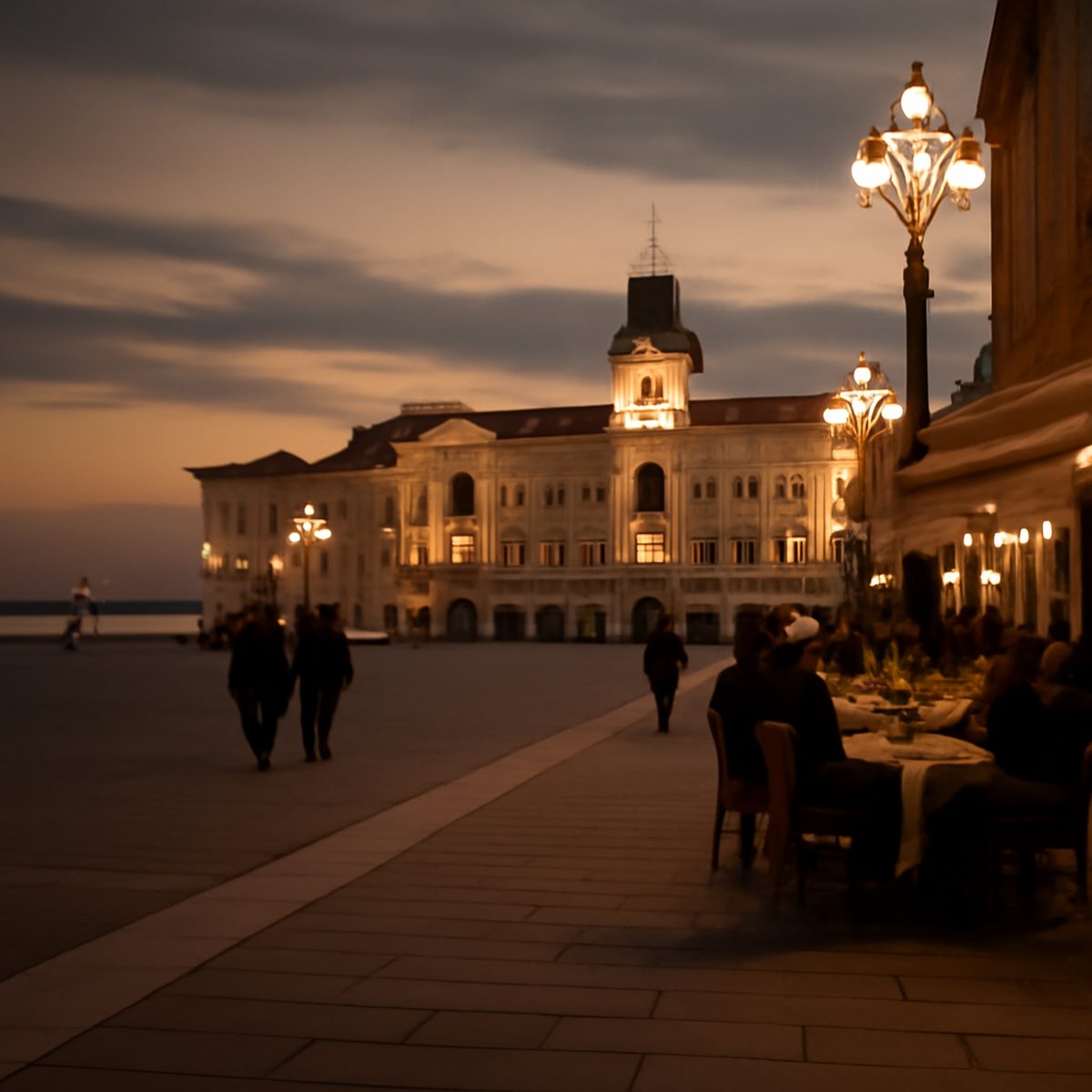 Trieste seafront piazza opening to the Adriatic at dusk under warm amber light
