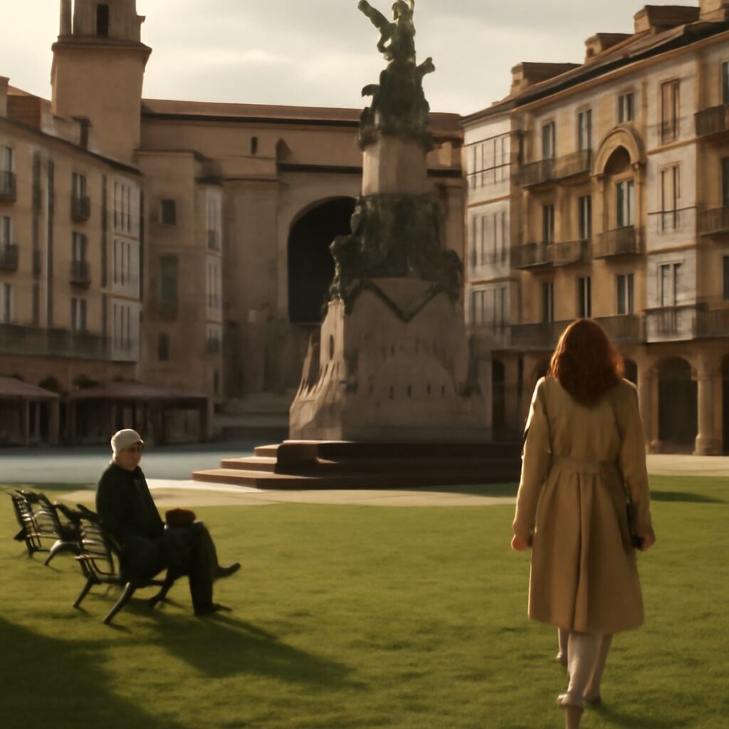 Green medieval old town square in Vitoria-Gasteiz with arcades bathed in warm evening light