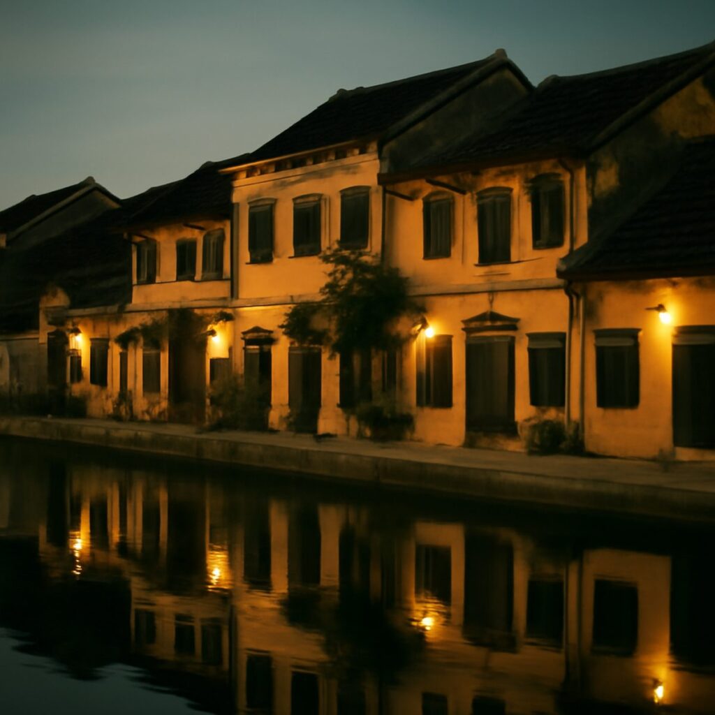 Yellow ochre shophouses reflected in a still river at dusk with lanterns