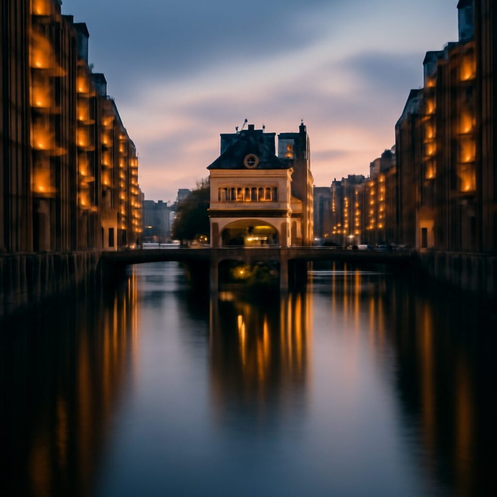 Waterfront promenade with converted warehouse galleries at dusk, harbour cranes beyond