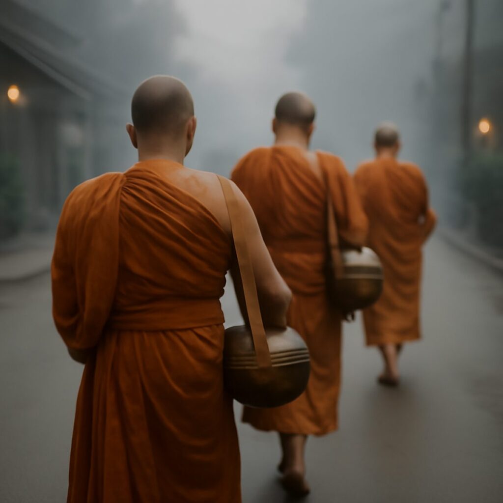 Saffron-robed monks walking in single file along a misty riverside street