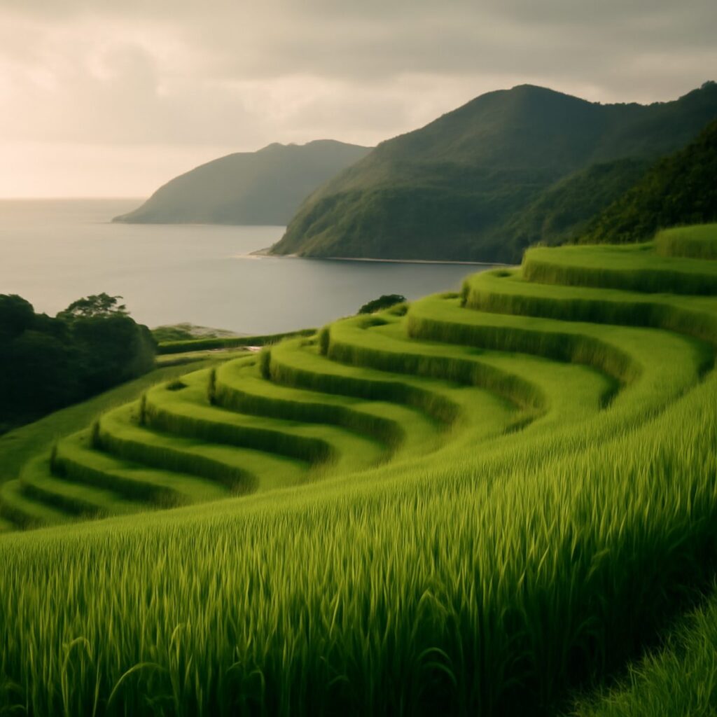 Green rice terraces stretching toward mountains under a blue coastal sky