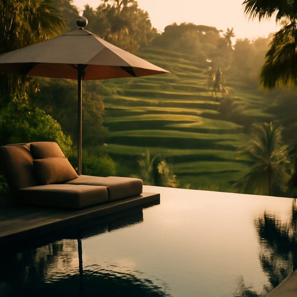 Private infinity pool overlooking terraced rice fields in Bali