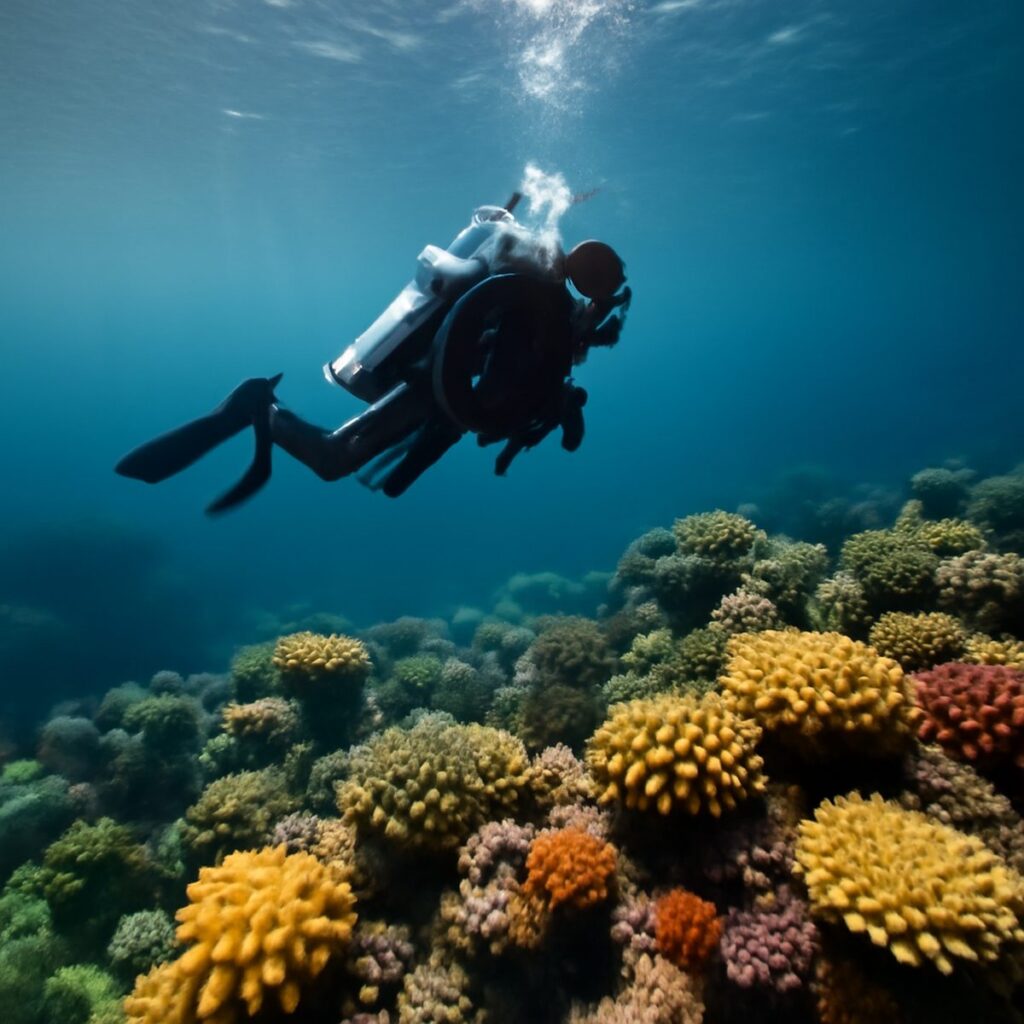 diver hovering near a colourful coral reef in clear blue water