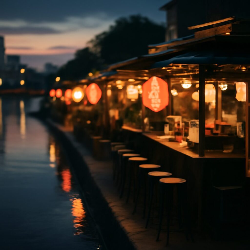 Yatai food stalls glowing at dusk along a Fukuoka riverside street