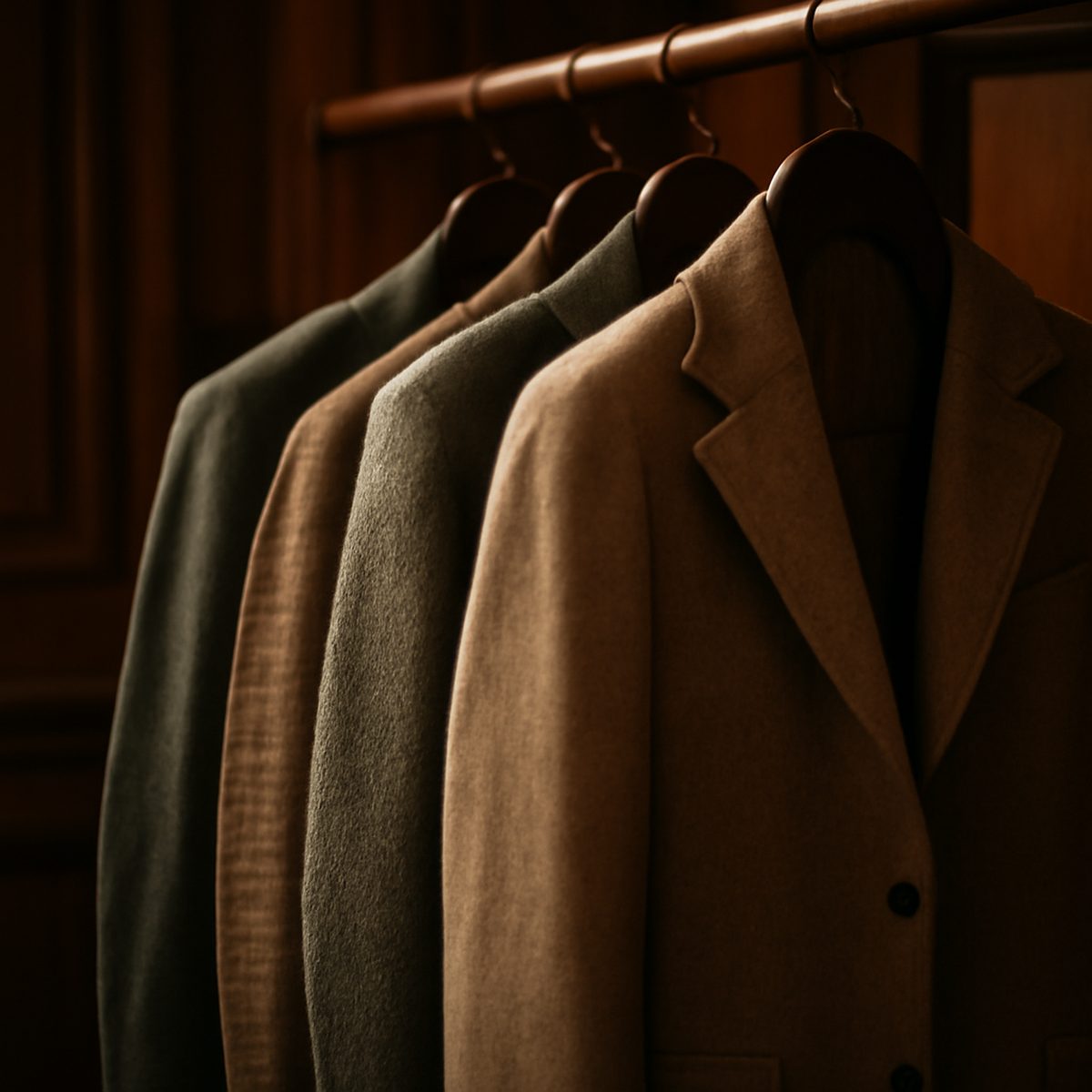 wool and tweed jackets hanging together in a dim panelled dressing room